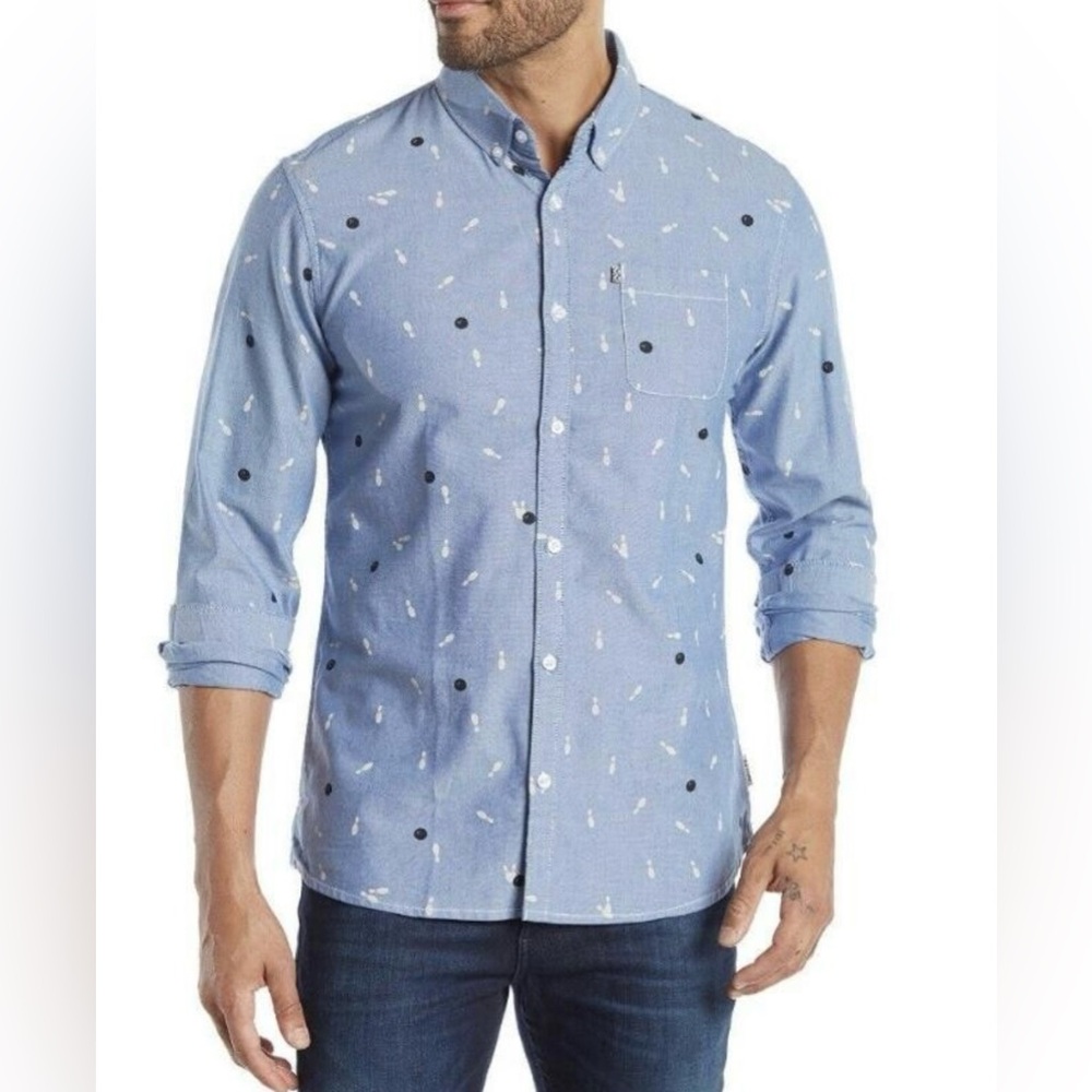 Noize Amstrdm Men's Blue Bowling Pin Print Patterned Button Down Shirt, Large
